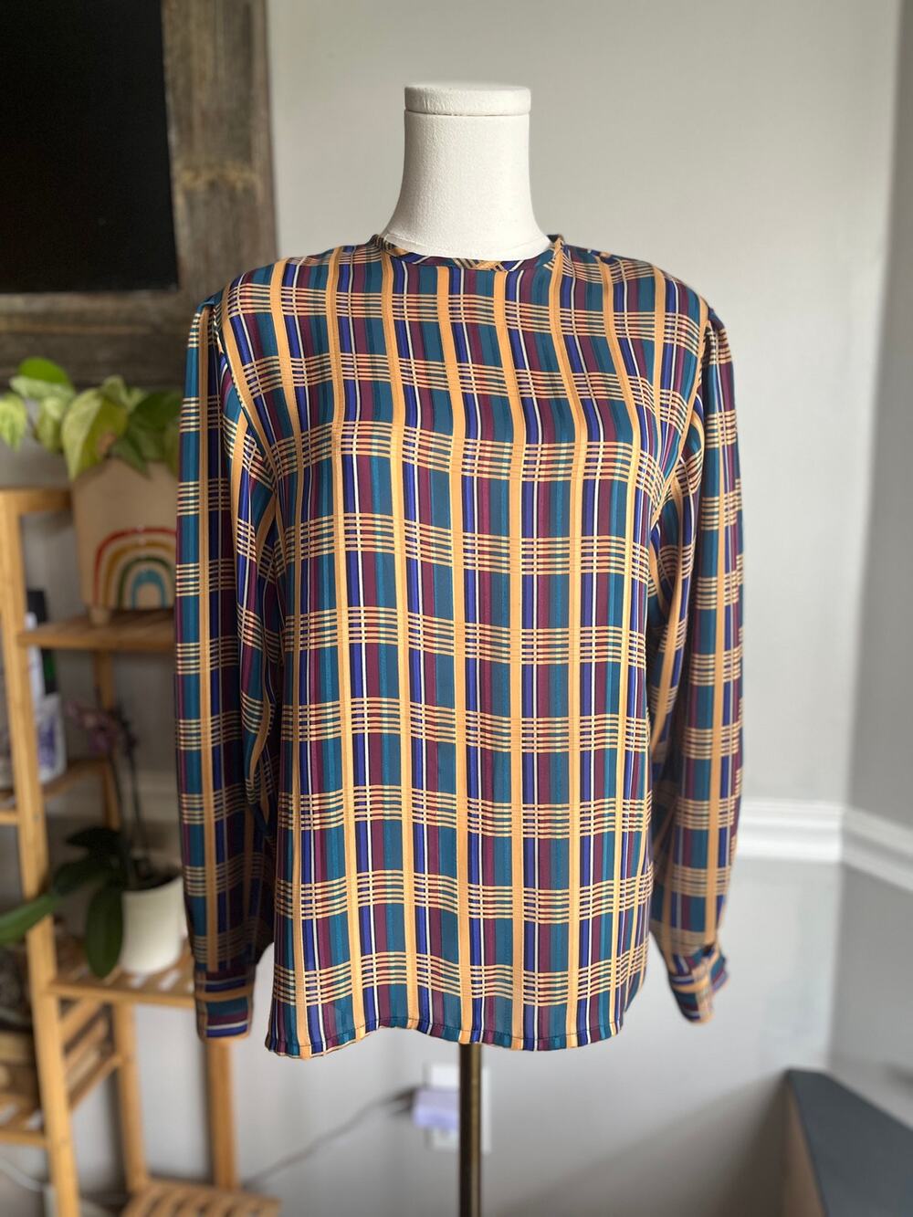 Vintage 80s Plaid Blouse Button Back Long Sleeve Striped Size Small